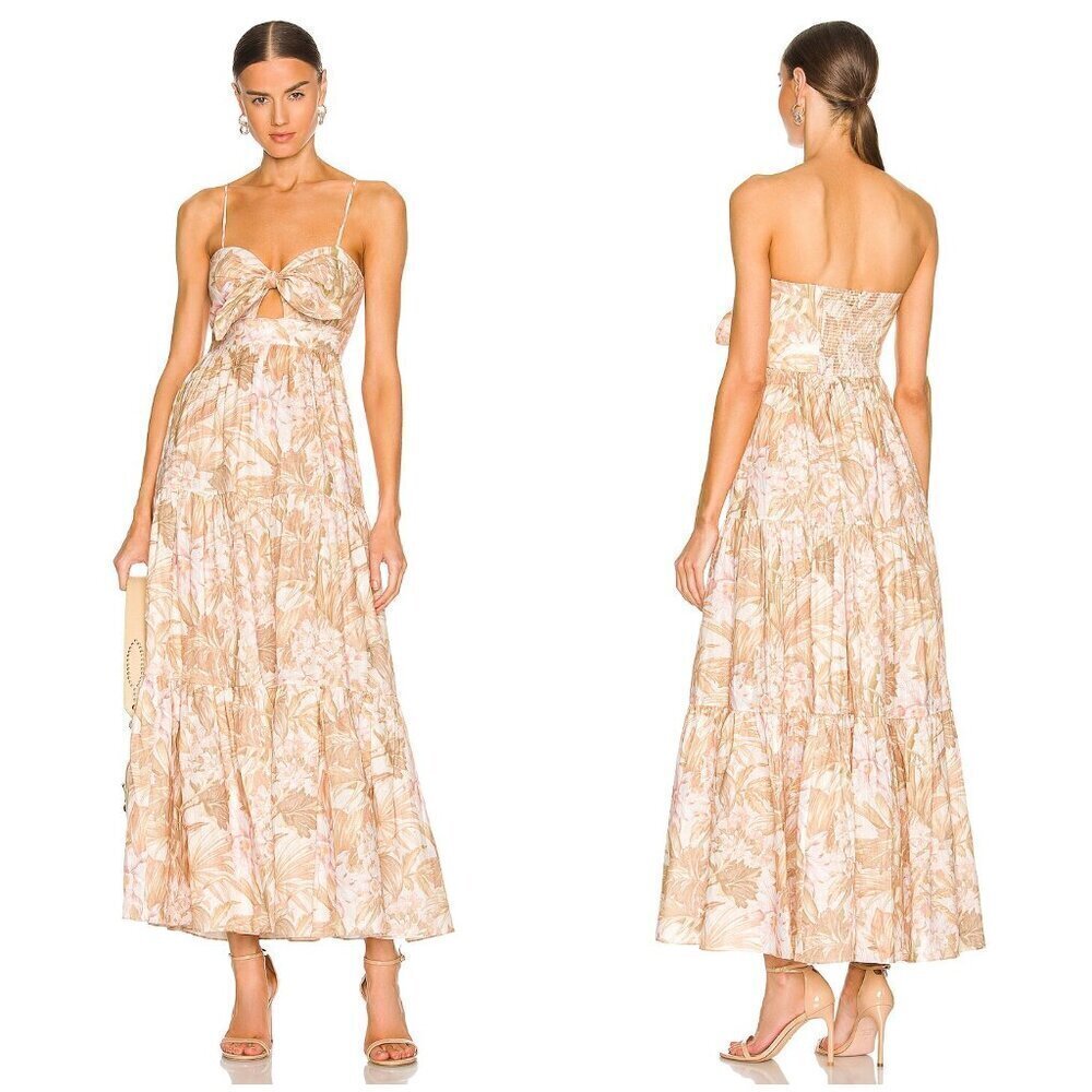 💕ZIMMERMANN💕 Moonshine Andie Tie Front Linen Maxi Dress ~ Sepia Floral Print 2